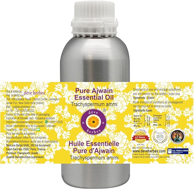 Deve Herbes Pure Ajwain Essential Oil (Trachyspermum ammi) Steam Distilled 300ml (10 oz)