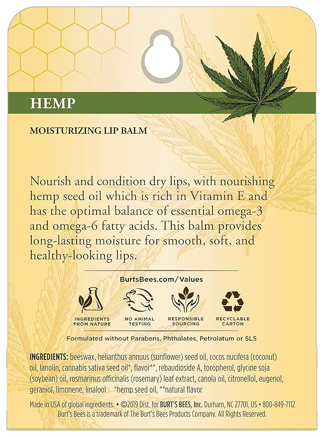 Burts Bees 100% Natural Origin Moisturizing Lip Balm, Hemp with Beeswax, 0.15 Oz