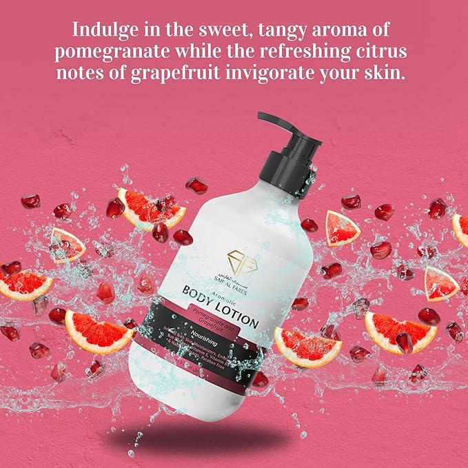 Saif Al Fares Pomegranate & Grapefruit Body Lotion – Hydrating Moisturizing Lotion for Women & Men – Daily Moisturizer with Vitamin E & B5 – Skin Care Body Moisturizing Lotion for Dry Skin, 500ml Pump