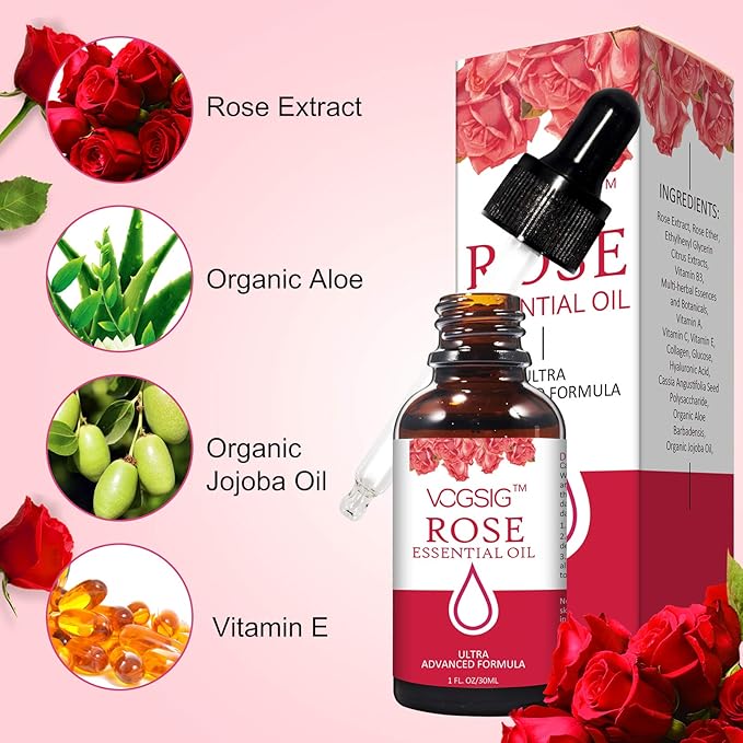 Rose Essential Oil 30ml - Aromatherapy, Skin Moisturizing, Anti-Aging, Reduce Pigmentation, Quickly Absorbed