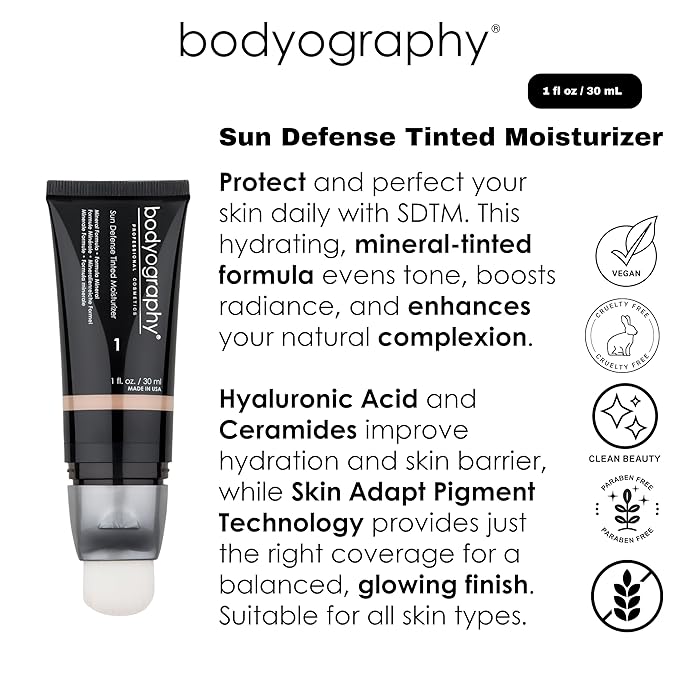Bodyography Sun Defense Tinted Moisturizer, 1.5 oz | Lightweight SPF Tint with Hyaluronic Acid & Mineral Pigments | Hydrating, Vegan Sheer Coverage for All Skin Types, Medium