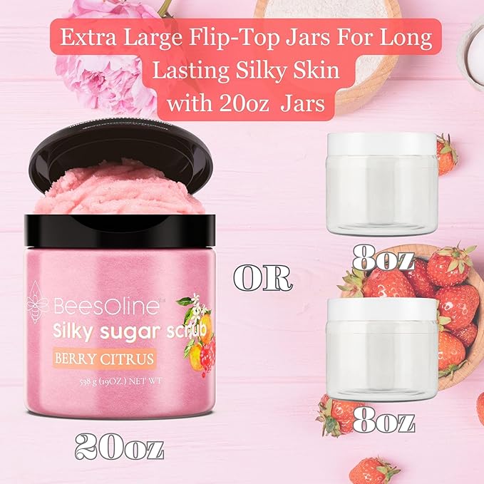Sugar Scrub by BeesOline - Premium Fine Cane Sugar | Berry Citrus Scented - Extra Large 20oz, Convienent Flip-Top Lid, Organic Sunflower Oil & COCONUT OIL for Smooth Gentle Exfoliation