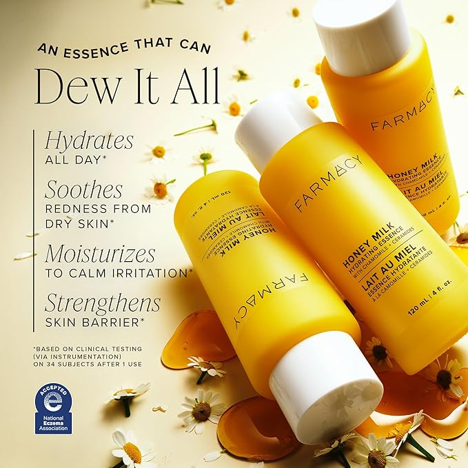 Farmacy Honey Milk Face Essence - Hydrating Milky Toner with Honey, Ceramides + Chamomile - Helps Strengthen Skin Barrier + Replenish Moisture - Soothing + Calming Skincare (10ml)
