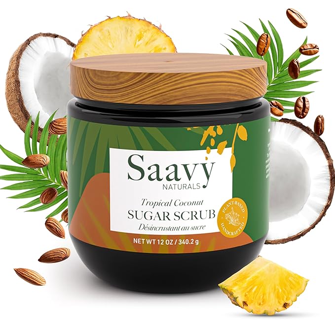 Saavy Naturals Body Scrub - Scented Sugar Coconut Exfoliator, Natural Body Scrub & Vegan Exfoliating with Vitamin E, Gentle for Sensitive Skin – Made in USA – Tropical Coconut (1 Pack) - 12 oz