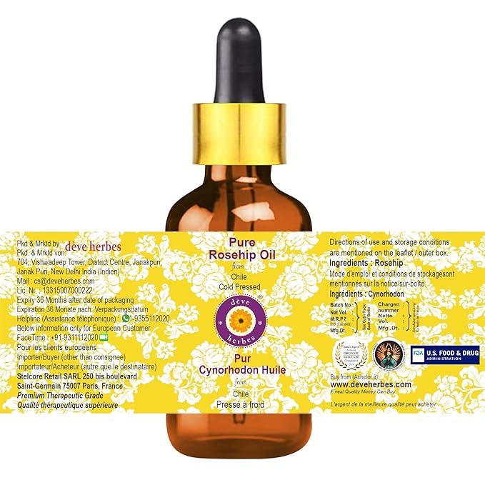 dève herbes Pure Rosehip Oil (Rosa rubiginosa) with Glass Dropper Cold Pressed 15ml (0.50 oz)