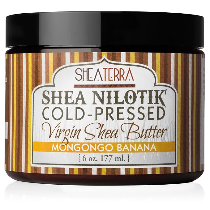 Shea Terra Organics 100% Organic Cold-Pressed Virgin Shea Butter – Mongongo Banana | Natural Anti-Aging Daily Skin, Nails & Hair Cream to Soften & Hydrate Dry Skin & Reduce Stretch Mark – 6 oz