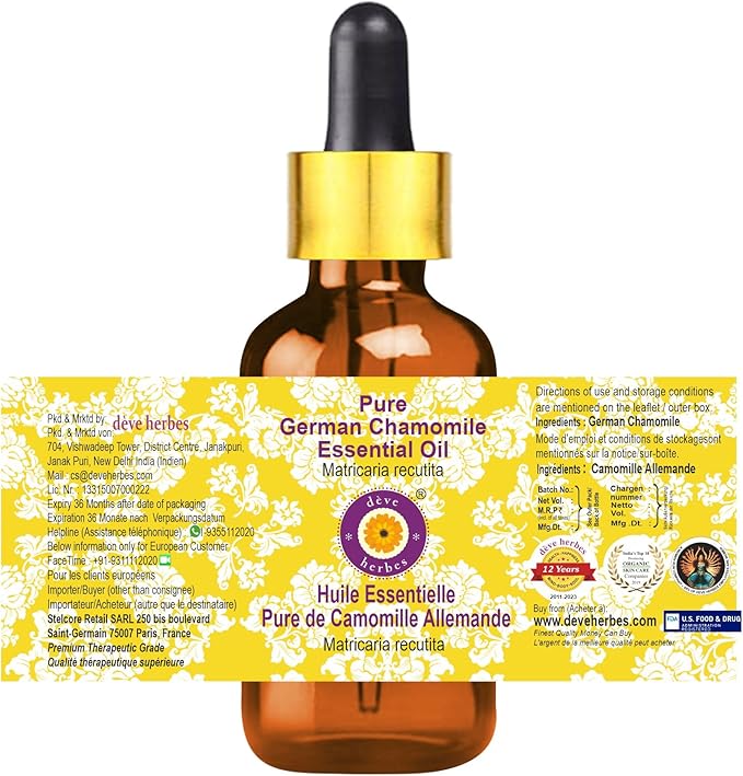 Deve Herbes Pure German Chamomile Essential Oil (Matricaria recutita) with Glass Dropper Steam Distilled 5ml (0.16 oz)