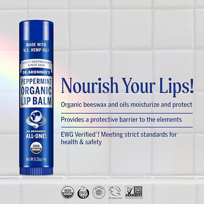 Dr. Bronner's - Organic Lip Balm Variety Peppermint, Orange Ginger, Naked, Lemon Lime) - Made with Organic Beeswax and Avocado Oil, For Dry Lips, Hands, Chin or Cheeks, 0.15 Ounce (Pack of 4)