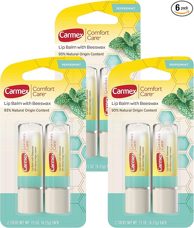 Carmex Comfort Care Lip Balm Sticks with Beeswax, Peppermint Lip Balm Flavor, 6 Count (3 Packs of 2)