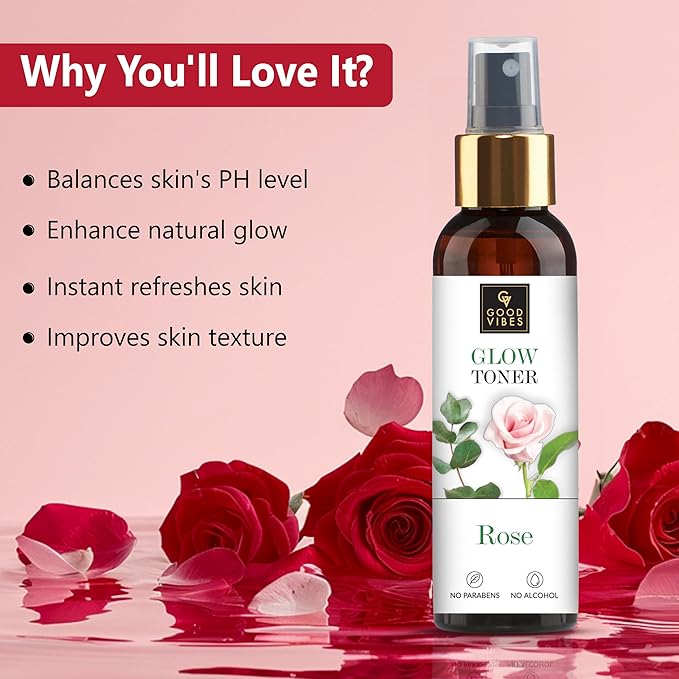 Good Vibes Rose Glow Face Toner Spray | Balances pH | Minimize Pores | Refreshing & Hydrating Facial Mist | Paraben & Alcohol Free | 4.06 Fl Oz/120ml
