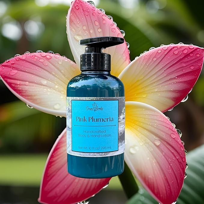 PJ's Pink Plumeria Handcrafted Luxury Body Lotion – Moisturizing, Non-Greasy Skincare with Natural Ingredients, Paraben-Free & Cruelty-Free, 10 oz