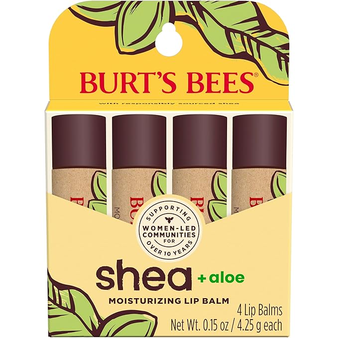 Burt's Bees Shea and Aloe Moisturizing Lip Balm, Lip Moisturizer With Responsibly Sourced Beeswax, Tint-Free, Natural Origin Conditioning Treatment, 4 Tubes, 0.15 oz.