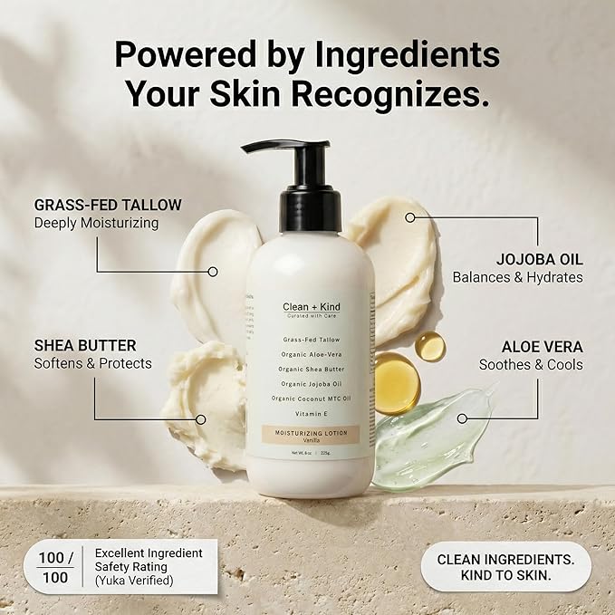 Daily Moisturizing Lotion – Tallow Body Lotion with Aloe Vera, Shea Butter, Jojoba Oil, MCT Oil & Vitamin E – Deep Hydration for Dry, Rough, Sensitive Skin (16 oz, Vanilla)