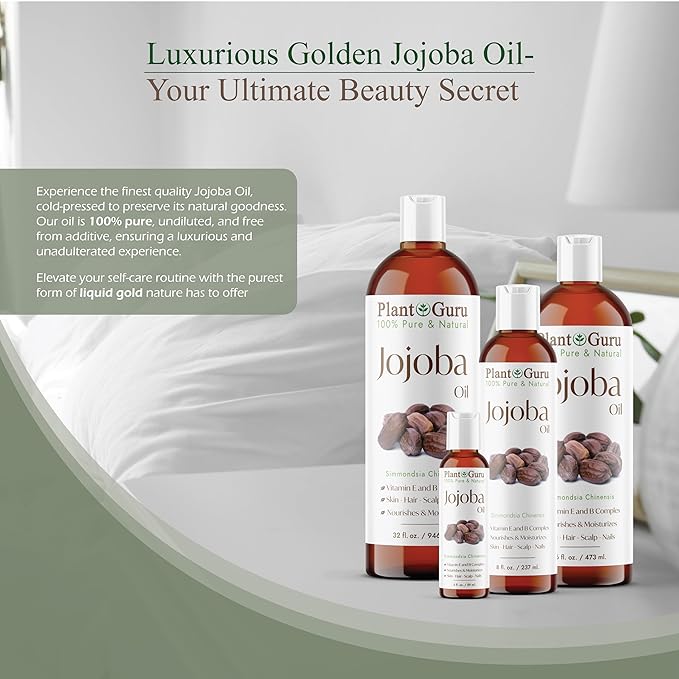 Plant Guru Jojoba Oil 4 fl. oz. Cold Pressed Unrefined - 100% Pure Natural Moisturizer For Skin, Body, Face And Hair Growth. Deeply Hydrating Carrier Oil For DIY Soap Making and Massage