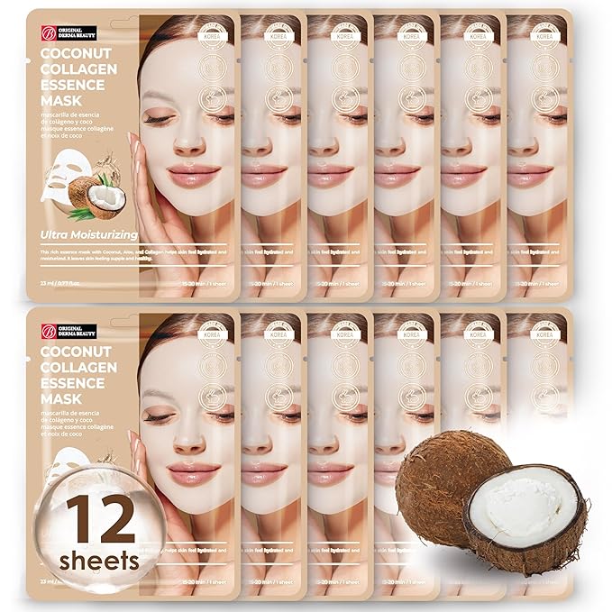 Innerest Original Derma Beauty Collagen Face Masks Skincare - 12 PK Ultra Moisturizing Coconut Face Mask Skin Care Sheet Masks Set for Beauty & Personal Care Korean Face Mask