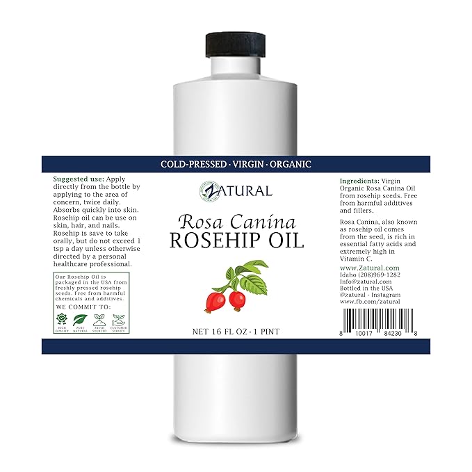 Zatural ROSA CANINA - Organic Rosehip Oil for Face, Nails, Hair and Skin - Cold Pressed Rose Hip Oil (16 oz)