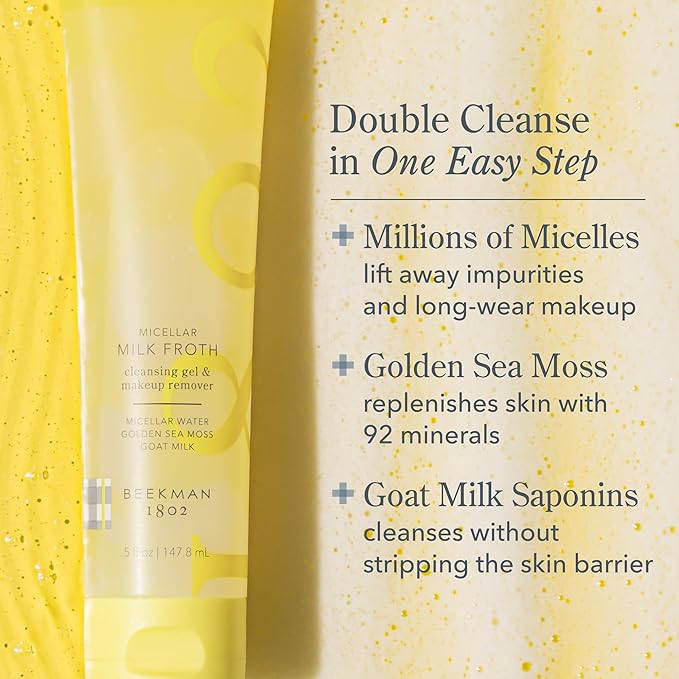 Beekman 1802 Micellar Milk Froth Face Wash – Hydrating Gel to Foam Facial Cleanser & Makeup Remover with Goat Milk & Golden Sea Moss, Gentle Foaming Face Wash for Sensitive Skin – Travel Size