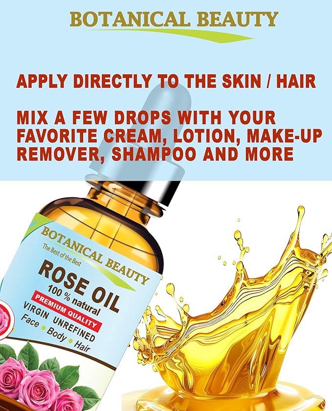 Botanical Beauty Rose Oil Rosa Damascena 100% Natural Rose Essential Oil for FACE, Skin, Body, Hair, Nails Beauty, Skin Moisturizer, Nourishing, Perfume, Soap Making (2 Fl Oz 60 ml)