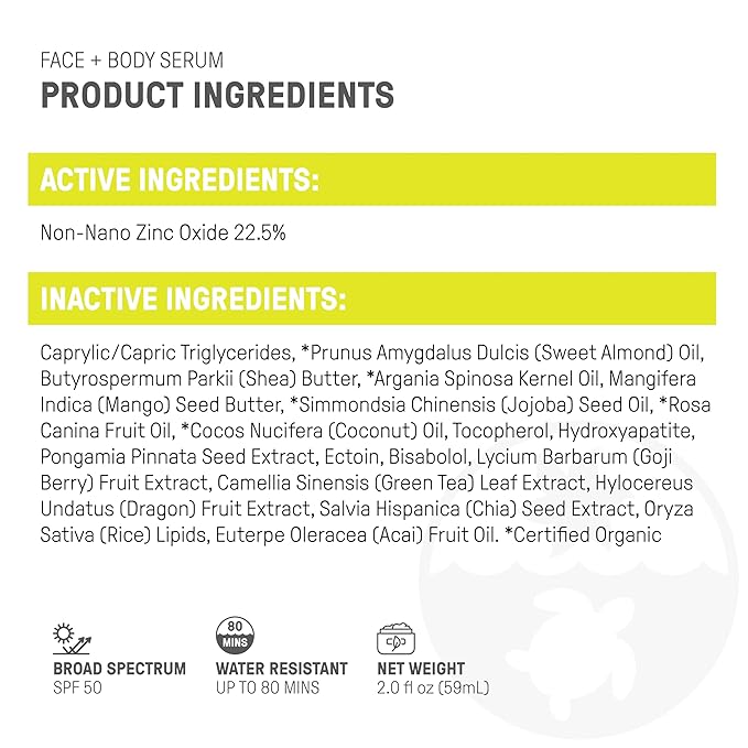 Raw Elements Face + Body Serum SPF 50 All-Natural Mineral Sunscreen - Reef Safe, Water Resistant, Broad Spectrum UVA/UVB Protection, Safe For All Ages, Travel Size 2oz