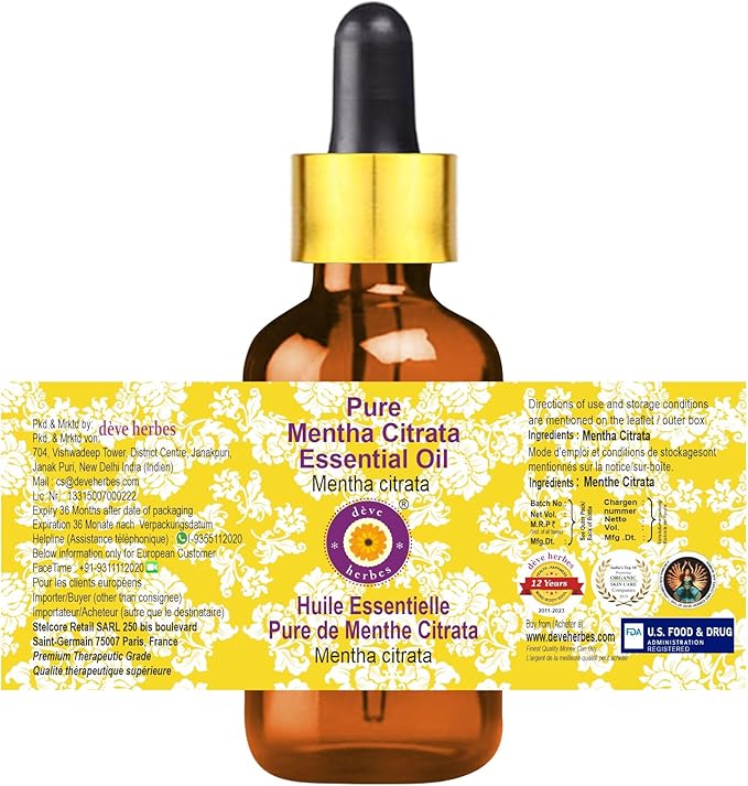 Deve Herbes Pure Mentha Citrata Essential Oil (Mentha citrata) with Glass Dropper Steam Distilled 10ml (0.33 oz)