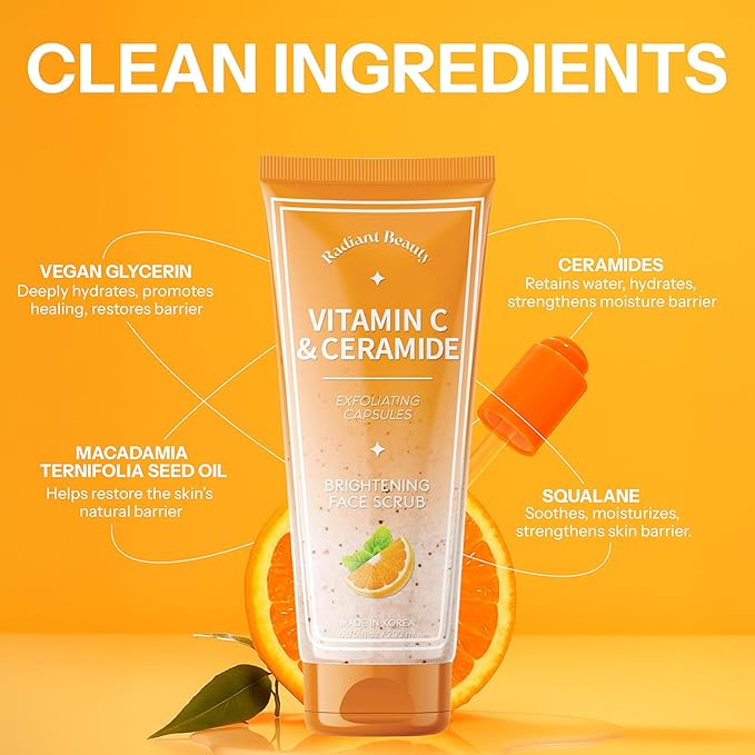 Vitamin C & Ceramide Face Scrub - Dermatologist Tested, Anti Aging Korean Skin Care - Exfoliating Cleanser For Smooth Radiant-Looking Skin - Vegan, Clean Beauty - 6.76 Fl Oz