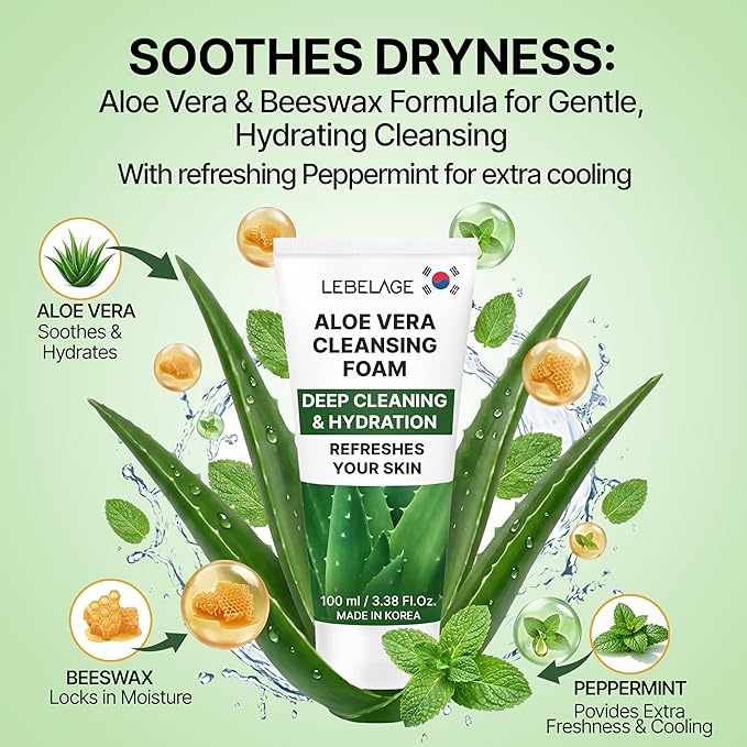 LEBELAGE Korean Aloe Vera Facial Cleanser 3.38 oz | Cleansing Foam Face Wash | Low pH Gentle Hydrating Daily Facial Cleanser Sensitive Skin | Deep Cleansing Foaming Cleanser, Pore Care-All Skin Types
