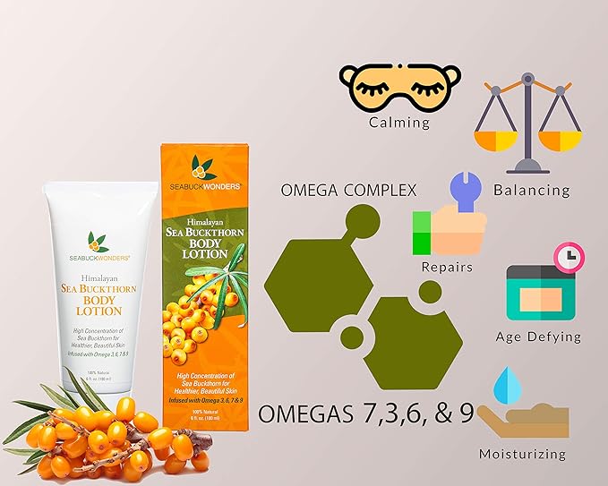 SeabuckWonders Organic Sea Buckthorn Body Lotion, Moisturizing Body Cream with Omega 3,6,7,9, Protects, Soothes Sensitive, Dry Skin, For All Skin Types, 6 Fl Oz