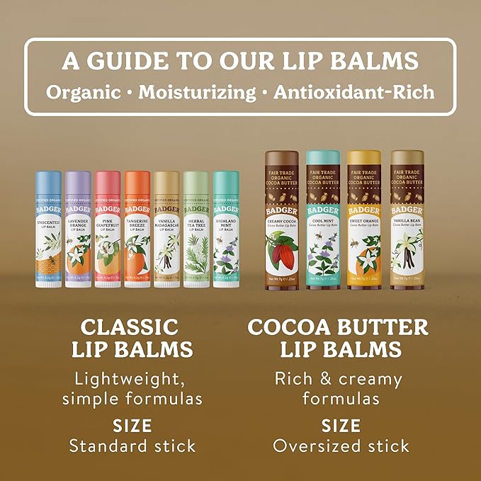 Badger Cocoa Butter Lip Balm Set, 100% Organic, Long Lasting Lip Moisturizers, Lip Care Variety Pack (Cocoa, Orange, Mint & Vanilla), All Natural Lip Balms, 4-pack