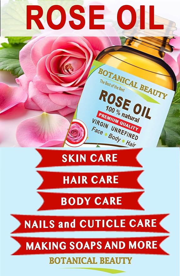 Botanical Beauty Rose Oil Rosa Damascena 100% Natural Rose Essential Oil for FACE, Skin, Body, Hair, Nails Beauty, Skin Moisturizer, Nourishing, Perfume, Soap Making (2 Fl Oz 60 ml)