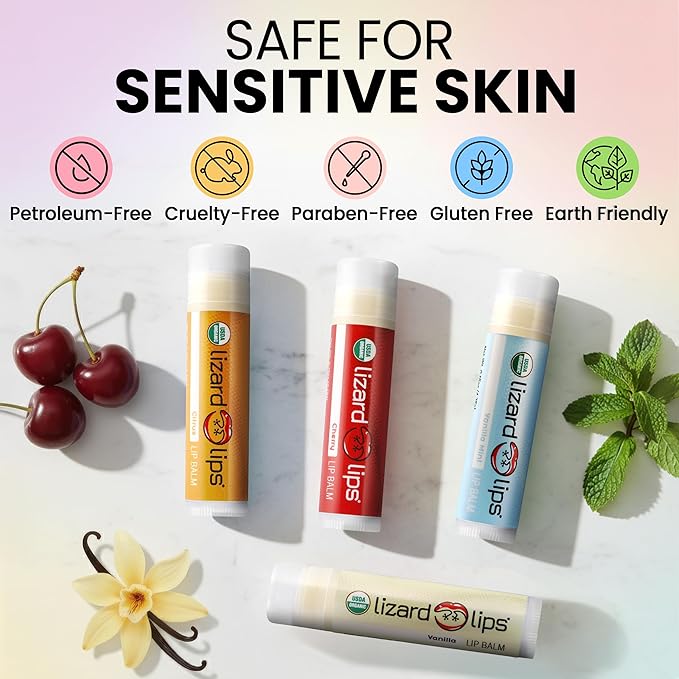 LizardLips Natural Lip Balm Set of 4 ;USDA Certification Lip Moisturizer; Vanilla, Vanilla Mint, Cherry, Citrus; Travel-Friendly Everyday Care; Fun Quirky Beach Vacation Essentials