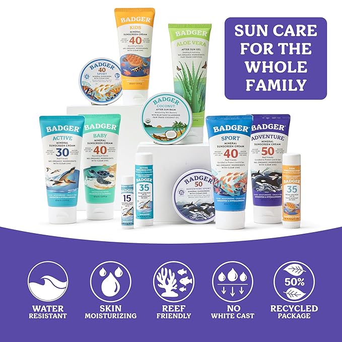 Badger Reef Safe Mineral Sunscreen, SPF 50, 98% Organic with Zinc Oxide, Non Toxic, Water Resistant, Unscented & Hypoallergenic, Broad - Spectrum, For Adventure & Sport, 2.9 fl oz