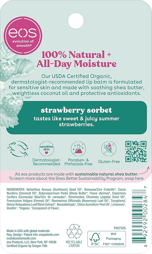eos 100% Natural & Organic Lip Balm - Strawberry Sorbet, All-Day Moisture, Dermatologist Recommended for Sensitive Skin Care, Lip Care Products, 0.25 oz
