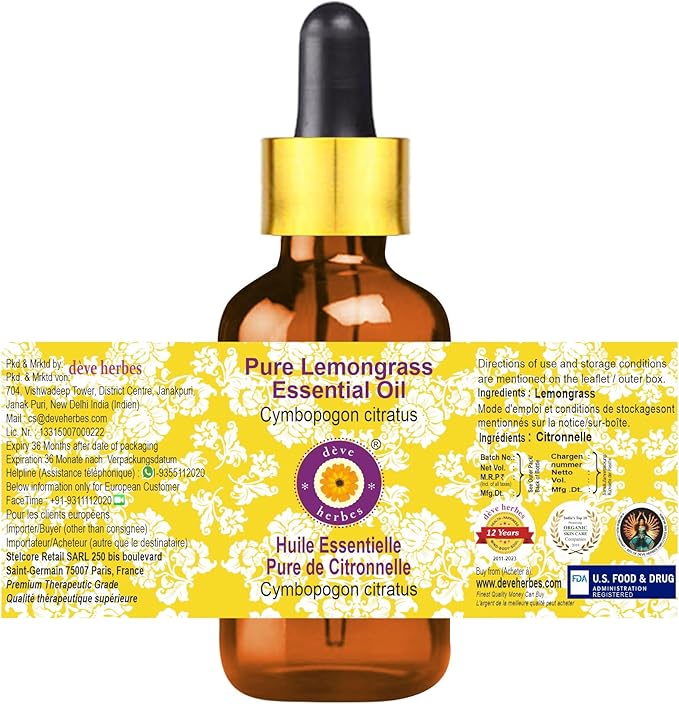 Deve Herbes Pure Lemongrass Essential Oil (Cymbopogon citratus) with Glass Dropper Steam Distilled 5ml (0.16 oz)