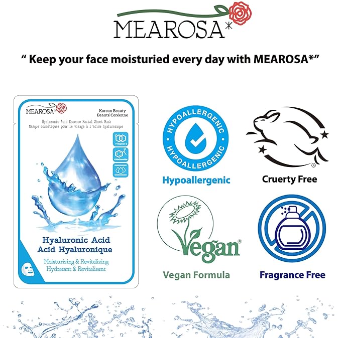 MEAROSA* Dermatologically tested, 8.5% Hyaluronic Acid, Niacinamide, Vitamin E Vegan Formula Essence facial sheet masks Premium Quality Sensitive Skin [6Sheets]