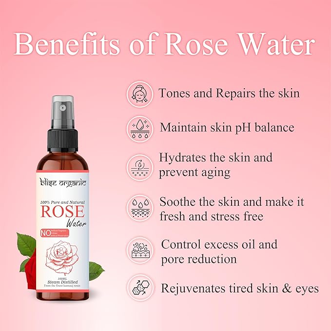 Blise organic Rose Water -100% Pure, Natural and Organic, Free from Preservatives, Steam distilled from finest rose petals, Alcohol-Free, Vegan & Cruelty Free