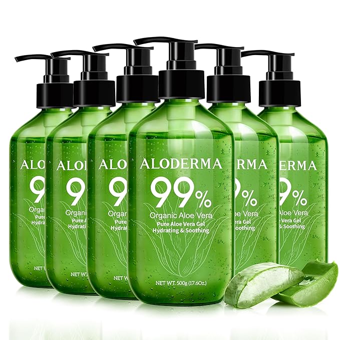 Aloderma Aloe Vera Gel - Large 17.6oz Value Pump - Made within 12 Hours of Harvest with 99% Organic Aloe Vera, Lightweight, Non-Sticky for Sunburns, Natural, Soothing Aloe Vera for Face & Hair, 6-Pack