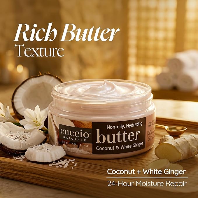 Cuccio Naturale Butter Blends - Ultra-Moisturizing, Renewing, Smoothing Scented Body Cream - Deep Hydration For Dry Skin Repair - Made With Natural Ingredients - Coconut And White Ginger - 8 Oz