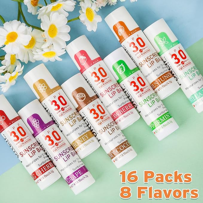 VISRIE SPF 30 Lip Sunscreen, SPF Lip Balm Travel Size 16 Pack, Hydrating Lip Balm Bulk with Vitamin E and Coconut Oil- 8 Flavors
