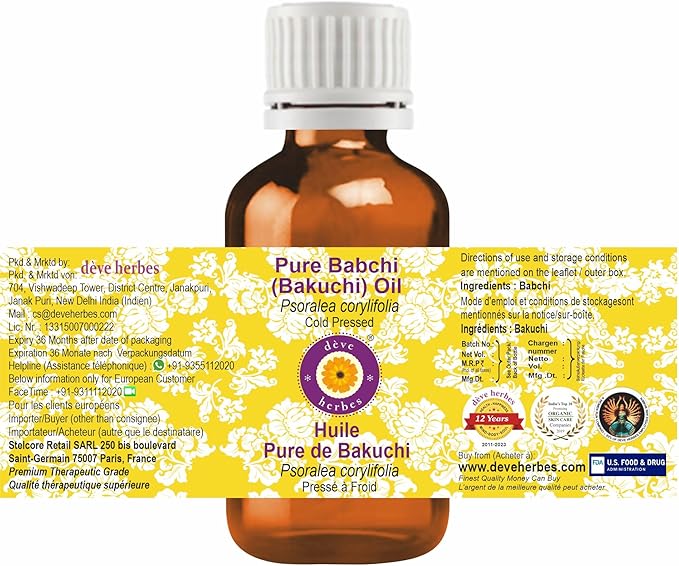 Deve Herbes Babchi (Bakuchi) Oil (Psoralea corylifolia) | Cold Pressed | Pure | Natural | Undiluted | For Diluting Essential oils | For Skin & Massage | Non-Sticky | Lightweight | Unisex | 30ml (1 oz)