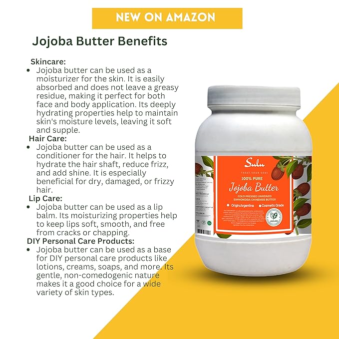 SULU ORGANICS Golden Jojoba Butter- 100% Pure Unrefined Cold Pressed Simmondsia Chinesis Butter (16 oz)