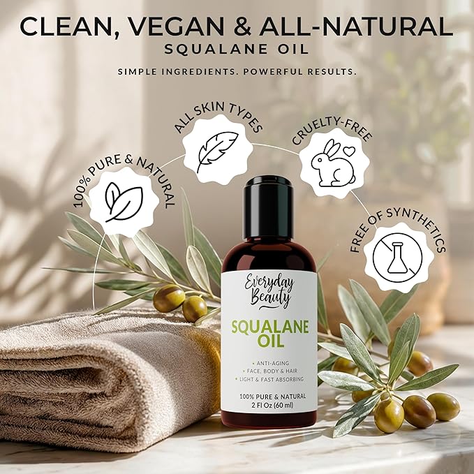 Squalane Oil - 100% Pure & Natural Plant Derived Facial Oil 2 Fl Oz - Cold Pressed and Unrefined Premium Grade Multipurpose Moisturizing Oil for Skin and Hair (Pack of 2)