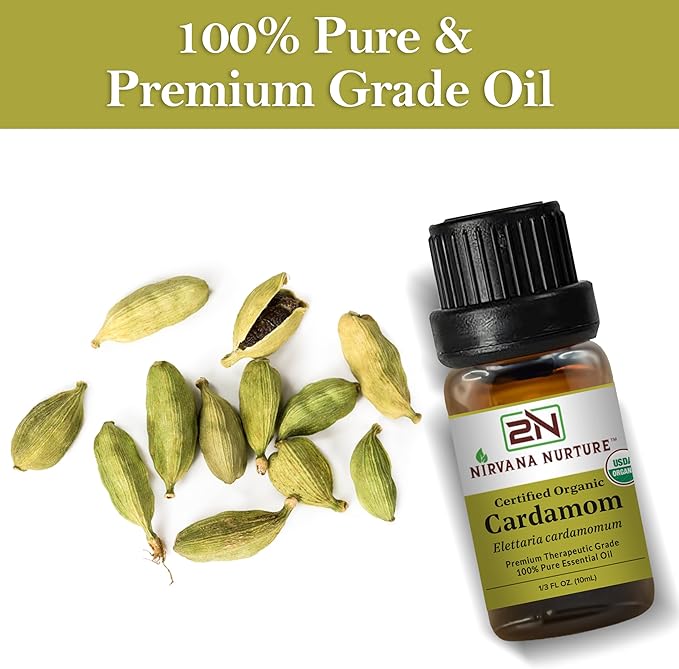 Cardamom Essential Oil, USDA Certified Organic, 100% Pure Undiluted, Aromatherapy Oil for Diffuser, Hair & Skin Care