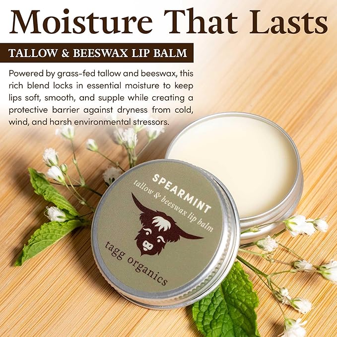 Spearmint Moisturizing Tallow Lip Balm – Nourishing & Soothing with Organic Grass-Fed & Finished Tallow, 100% All Natural Beeswax & Essential Oils for Soft, Hydrated Lips, 0.5 oz., by Tagg Organics.