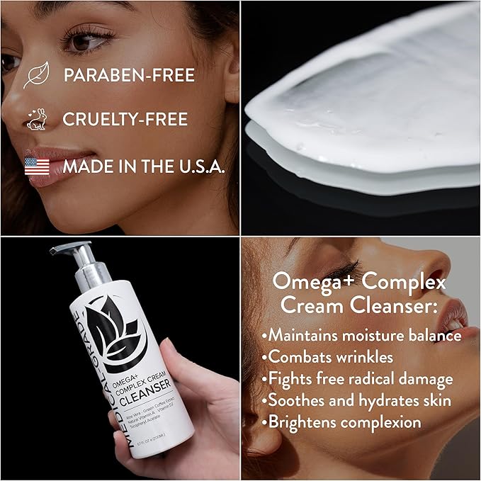 Microderm GLO Omega+ Complex Cream Facial Cleanser, Daily Face Wash & Makeup Remover, All Skin Types, Omega 3 & 6, Retinyl, Green Coffee Extract & Aloe Vera, Paraben-Free & Vegan, 6.7 Fl Oz