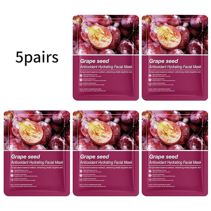Hydrating Facial Mask Sheet Set of 5, Moisturizing Face Mask for Smooth and Supple Skin, Refreshing Self Care Beauty Grape Seed One Size