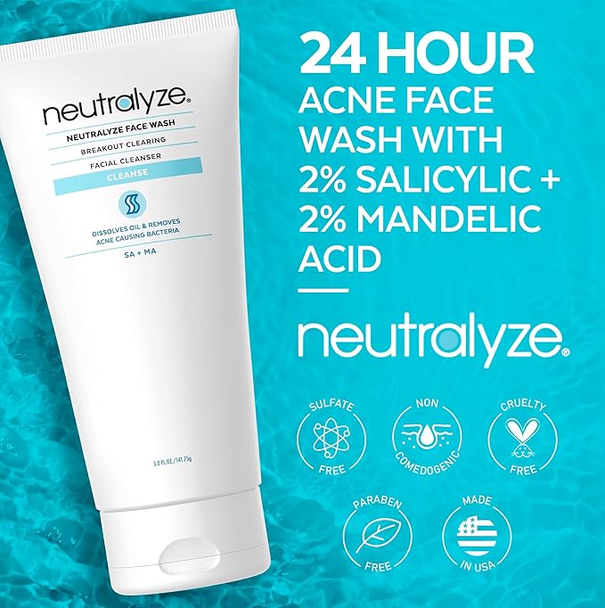Neutralyze Moderate to Severe Acne Face Wash 2.0 - Maximum Strength 2% Mandelic Acid & 2% Salicylic Acid Facial Cleanser for Acne Prone Skin - Suitable for All Skin Types, Teens & Adults (5 FL OZ)
