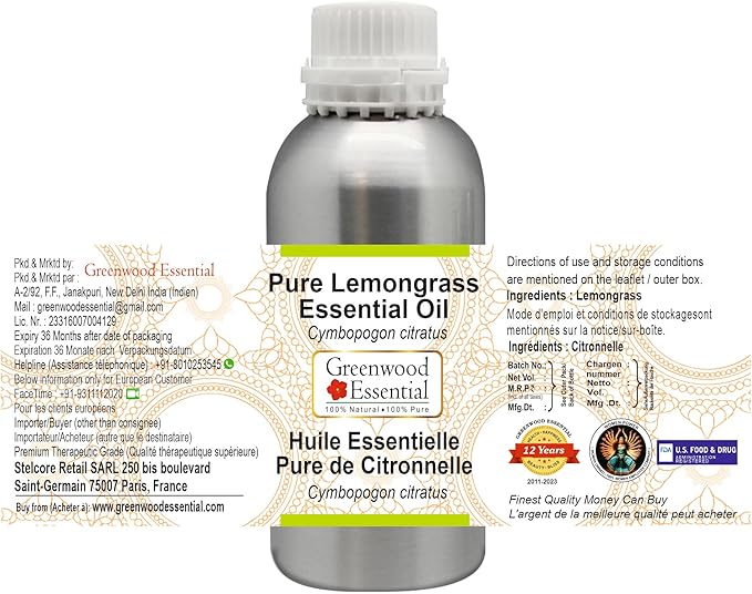 Greenwood Essential Pure Lemongrass Essential Oil (Cymbopogon citratus) Steam Distilled 630ml (21 oz)