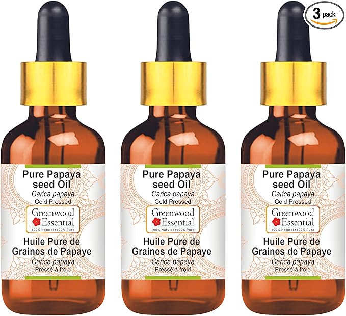 Greenwood Essential Pure Papaya Seed Oil (Carica Papaya) with Glass Dropper Cold Pressed (Pack of Three) 100ml X 3 (10 oz)