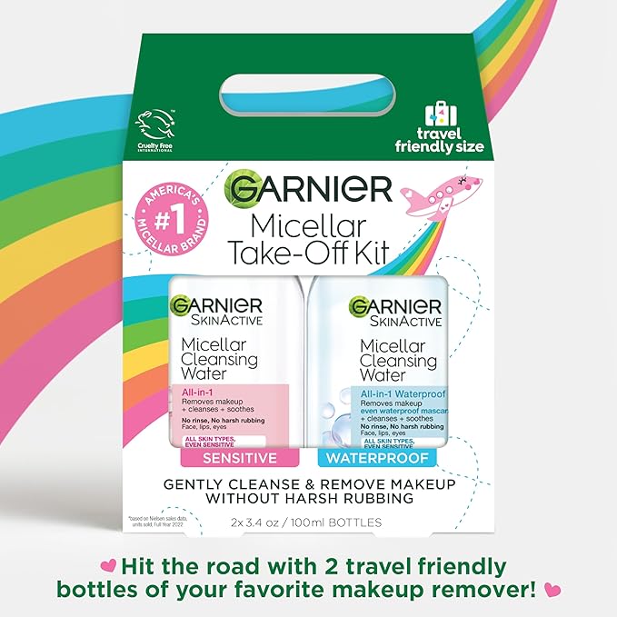 Garnier Micellar Water Travel Size Take-off Kit, All-In-1 Facial Cleanser & Makeup Remover, Mini All-In-1 Micellar + Mini Remover for Waterproof Makeup (Pack of 2)
