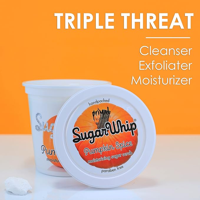 Primal Elements Sugar Scrub, Exfoliating Sugar Whip, Face and Body Cleanser, Moisturizer, Pumpkin, 10 oz Package